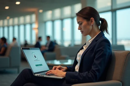 Une professionnelle connectée en toute sécurité sur son ordinateur portable dans un salon d'aéroport, illustrant la connexion sécurisée en déplacement pour les employés Air France
