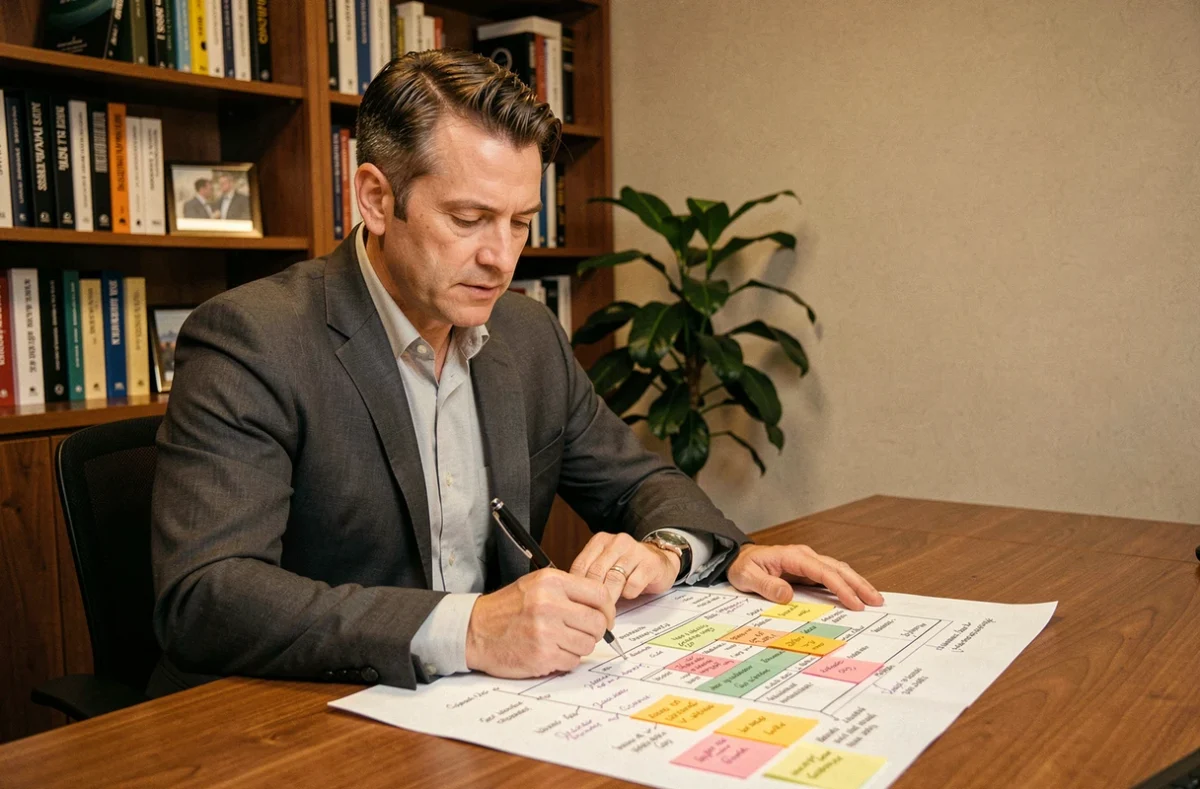 Consultant masculin en costume gris analysant un document de diagnostic stratégique avec des annotations manuscrites et des post-it colorés sur un bureau en bois