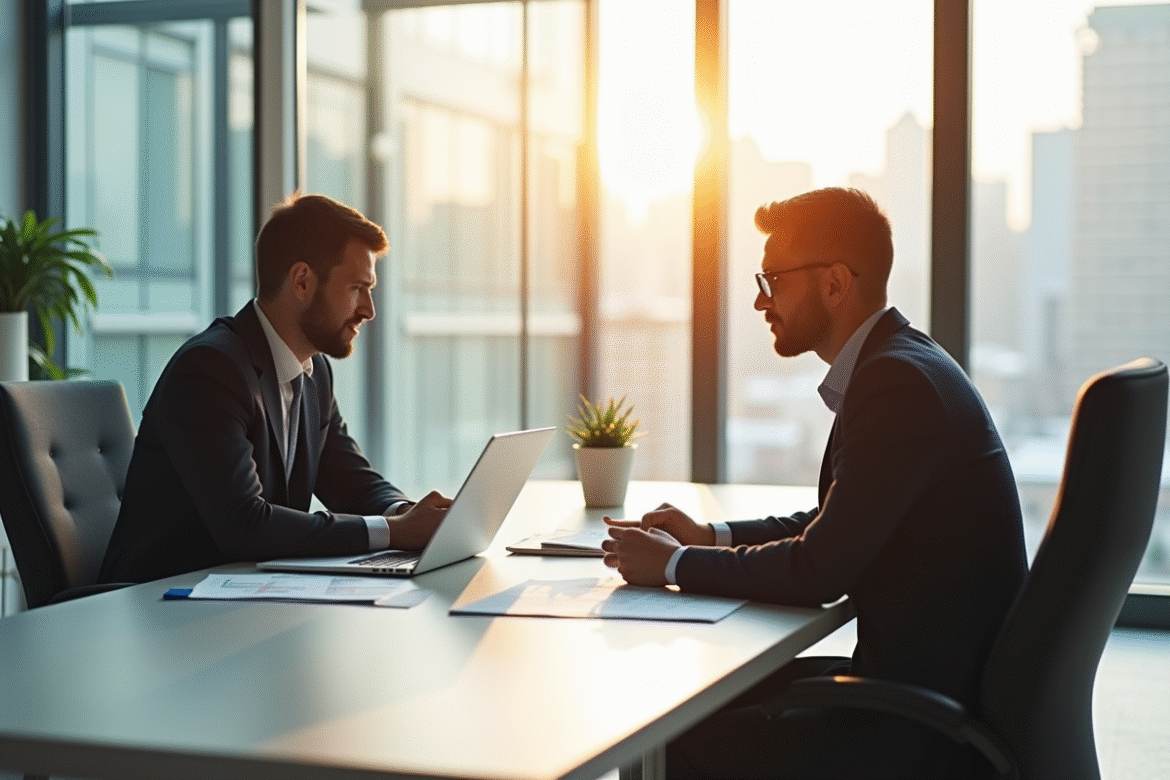 Consultant d'affaires et client discutant dans un bureau lumineux
