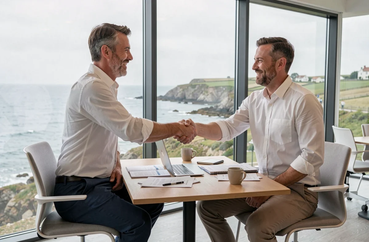 Consultant indépendant en portage salarial signant un accord client dans un bureau avec vue sur la côte bretonne