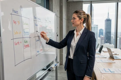 Consultante en entreprise debout devant un tableau blanc avec une matrice McKinsey dessinée à la main, dans une salle de réunion moderne avec vue sur la ville