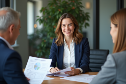 Consultante souriante présentant brochures à un couple en bureau