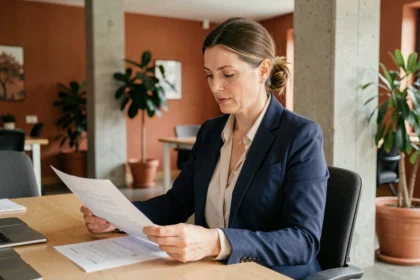 Femme consultante en portage salarial travaillant sur un contrat dans un espace de coworking à Nîmes