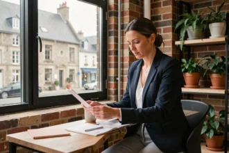 Consultante en portage salarial travaillant dans un espace de coworking moderne à Saint-Brieuc