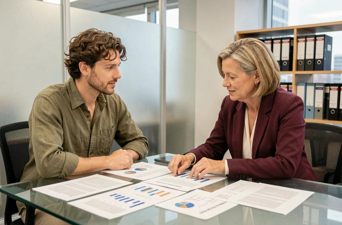 Jeune auto-entrepreneur en consultation avec une comptable pour optimiser ses charges sociales de micro-entreprise
