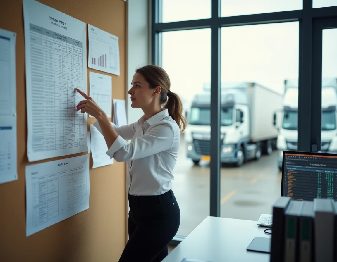 Coordinatrice logistique analysant le barème des taux horaires de chauffeurs routiers dans un bureau de transport