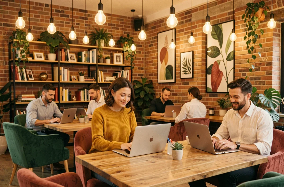 Intérieur chaleureux du coworking Cosywork à Argenteuil avec briques apparentes et ambiance conviviale