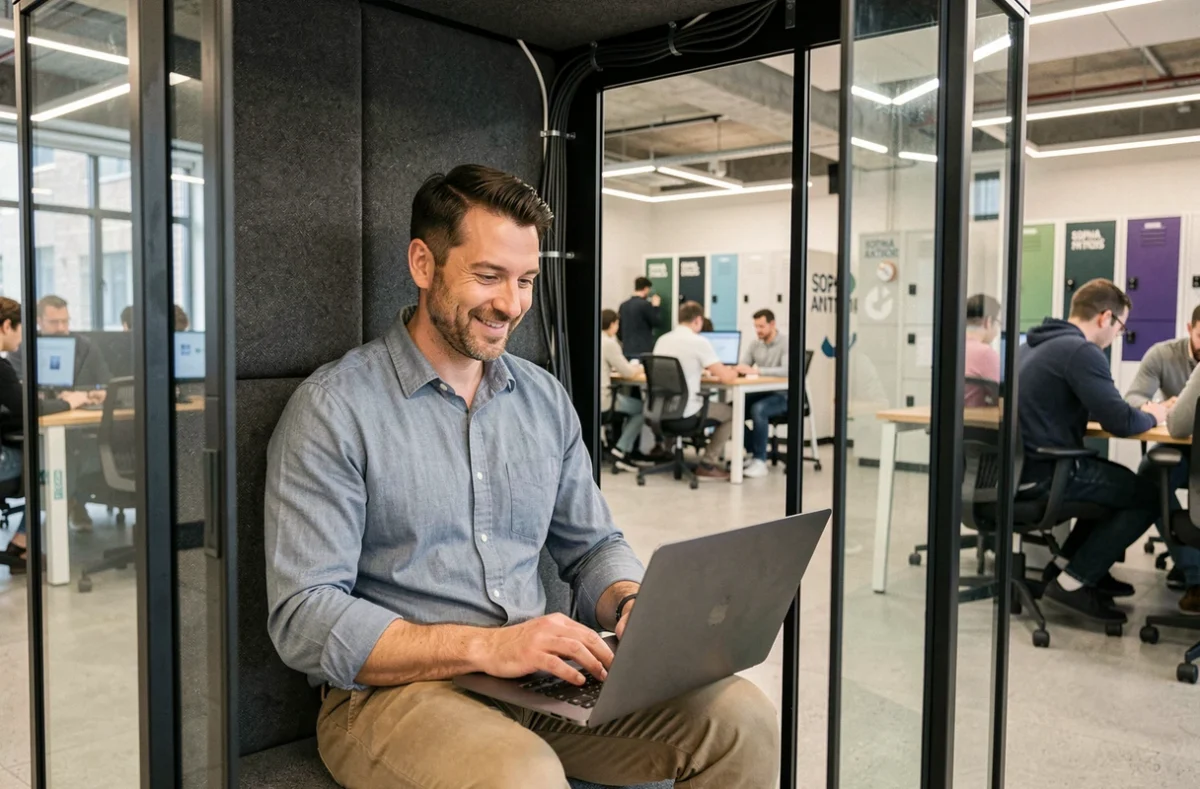 Entrepreneur en visioconférence dans une cabine phonique d'un espace de coworking à Sophia Antipolis