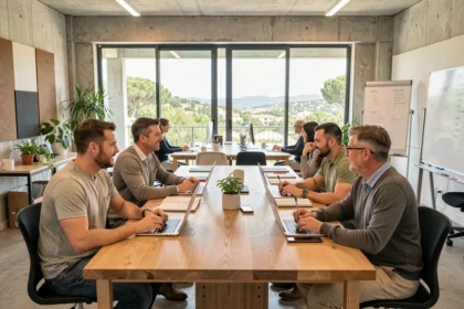 Groupe de professionnels collaborant dans un espace de coworking moderne à Sophia Antipolis avec vue sur la nature méditerranéenne