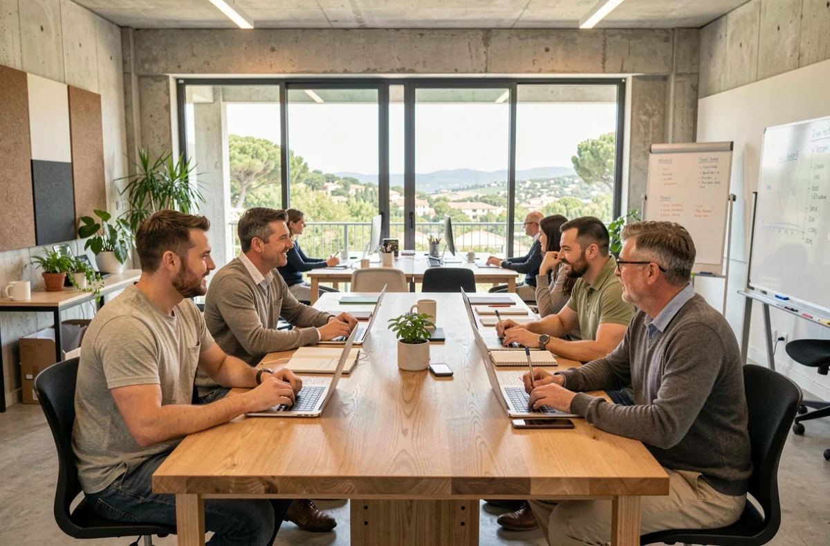 Groupe de professionnels collaborant dans un espace de coworking moderne à Sophia Antipolis avec vue sur la nature méditerranéenne