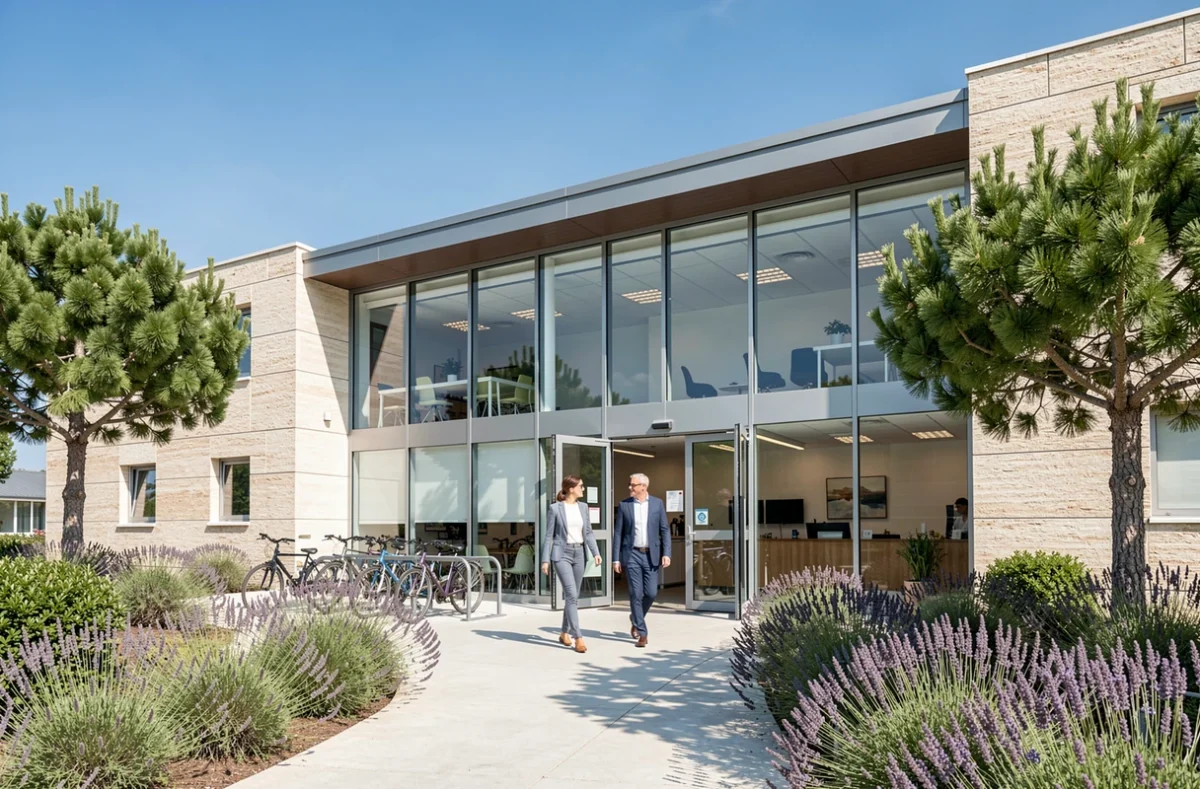 Façade extérieure moderne d'un espace de coworking à Sophia Antipolis entouré de végétation méditerranéenne