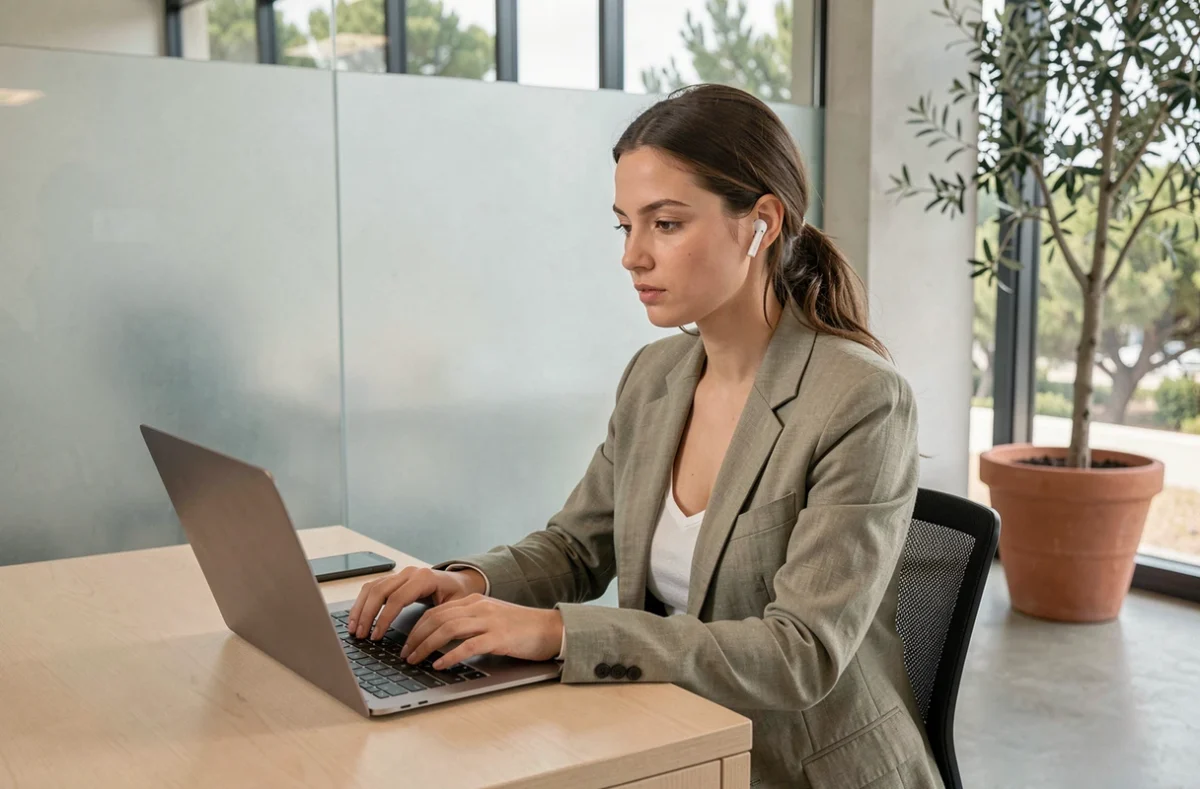 Jeune femme professionnelle travaillant seule dans une zone calme d'un coworking à Sophia Antipolis