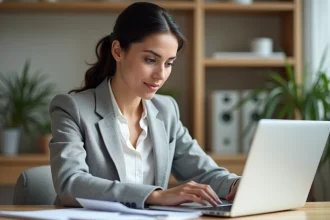 Femme créant son identité numérique sur un ordinateur portable dans un bureau moderne