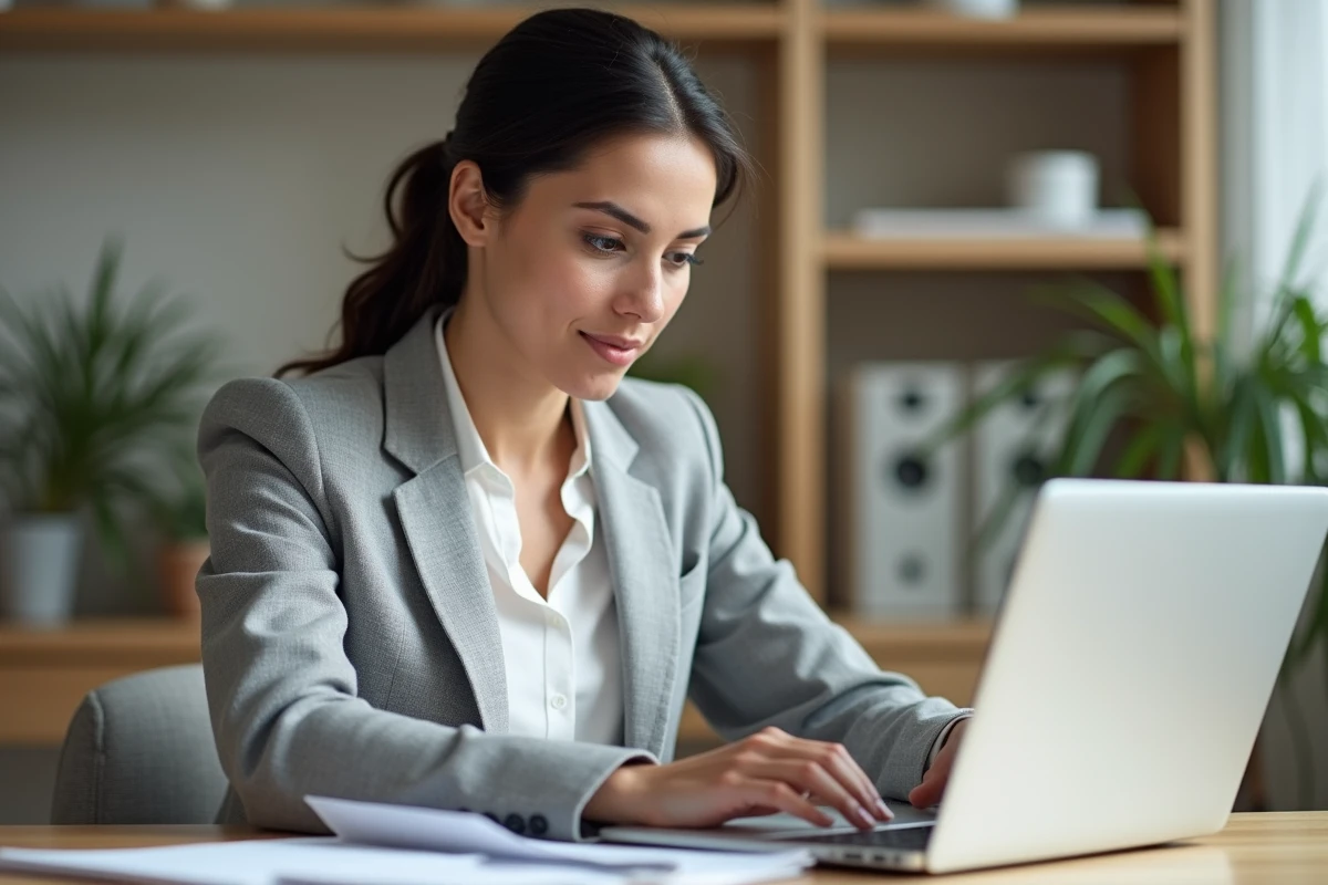 Femme créant son identité numérique sur un ordinateur portable dans un bureau moderne