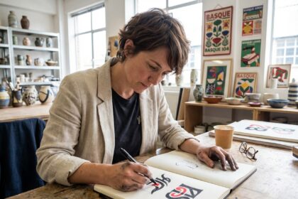 Jeune femme créative esquissant un logo dans un studio lumineux