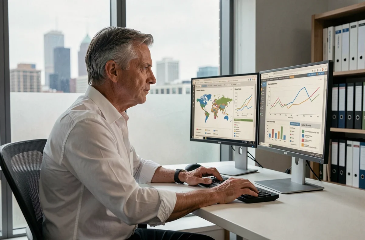 Directeur d'agence analysant des données d'allocation budgétaire publicitaire sur double écran dans un bureau privé avec vue urbaine
