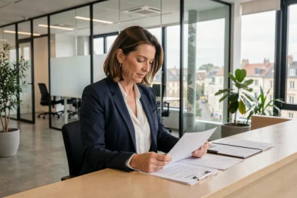 Professionnelle consultant des documents dans un centre de domiciliation d'entreprise à Clermont-Ferrand