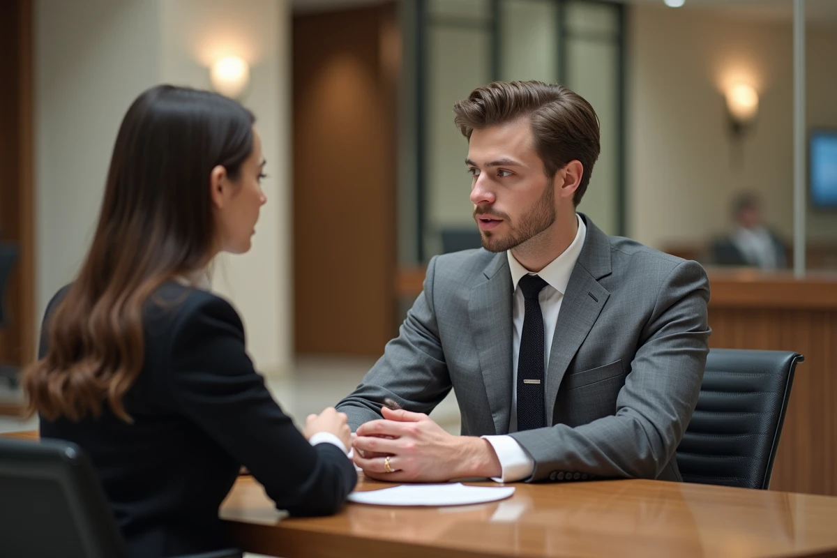 Homme en costume discutant avec experte juridique dans un bureau