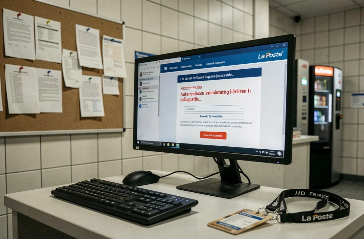 Écran d'ordinateur affichant une erreur d'authentification sur le portail GTA La Poste dans une salle de repos logistique