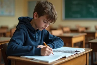 Élève de lycée révisant une leçon sur le secteur tertiaire avec des notes manuscrites sur un bureau scolaire en bois