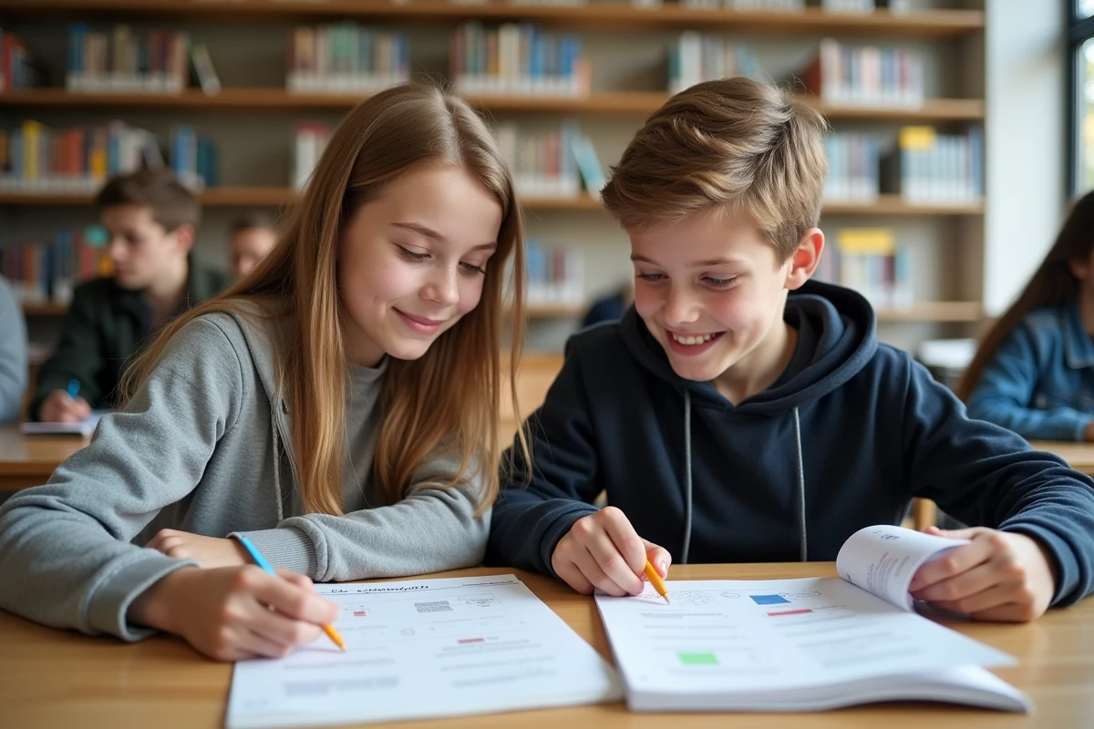 Deux élèves de collège travaillant ensemble sur un exercice de correction des erreurs liées au secteur tertiaire dans une bibliothèque scolaire