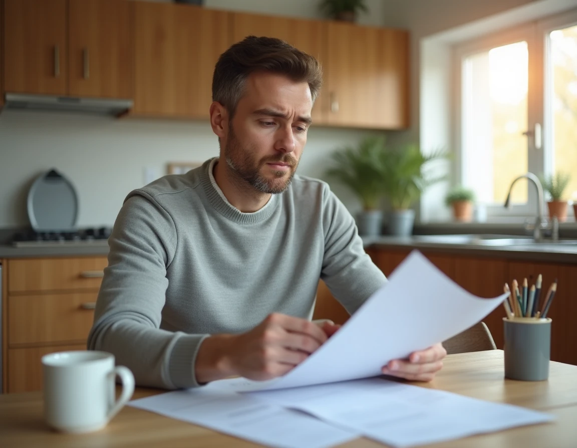 Homme lisant des documents administratifs sur l'éligibilité à l'ASP après une rupture conventionnelle collective depuis son domicile