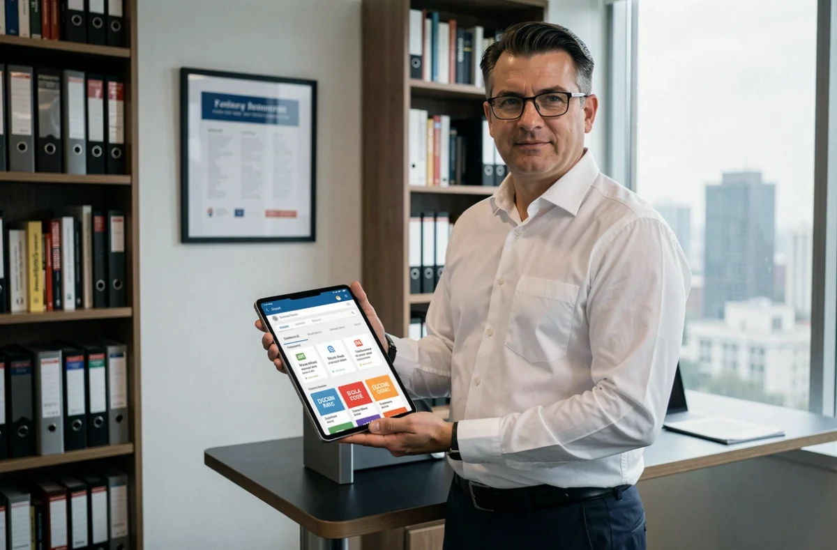 Élu CSE consultant le tableau de bord Advango sur une tablette dans un bureau professionnel