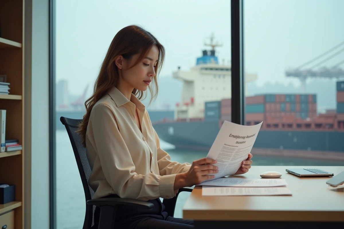 Employée administrative du port consultant le guide des salariés dans un bureau face au quai