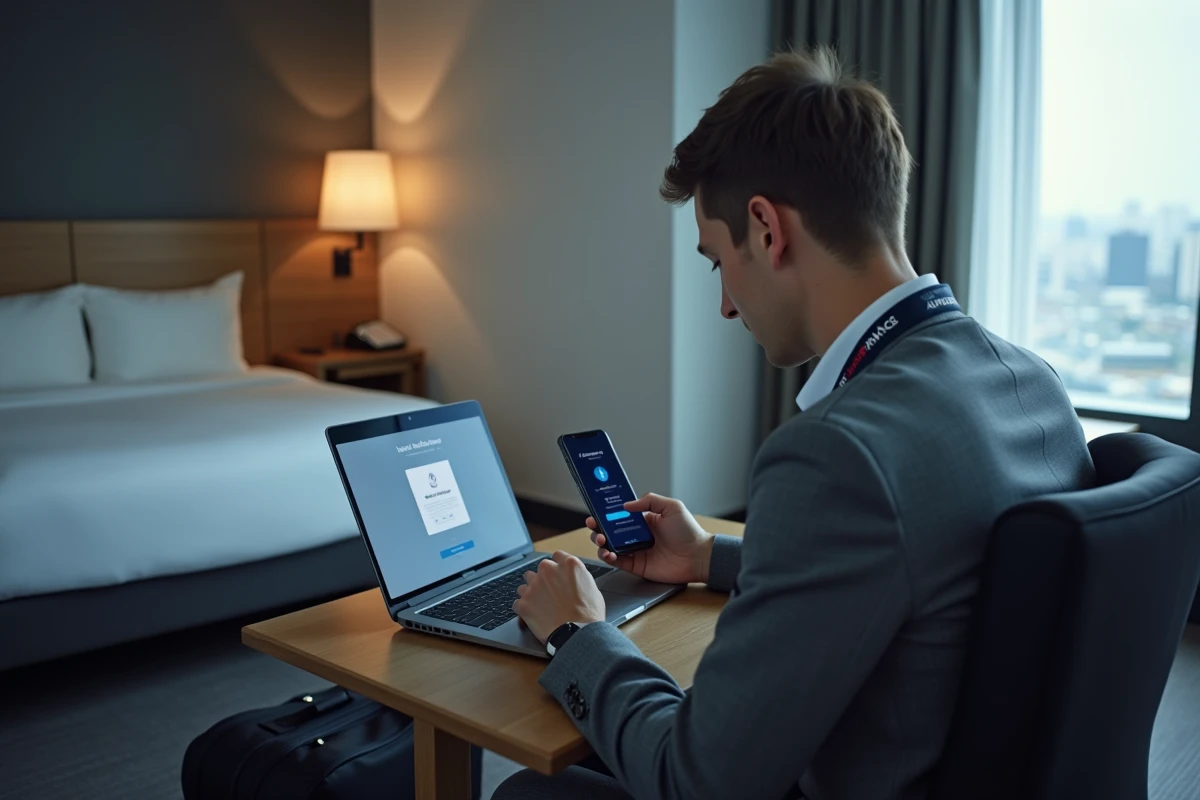 Un employé Air France utilisant un smartphone et un ordinateur portable sécurisés dans une chambre d'hôtel lors d'un déplacement professionnel