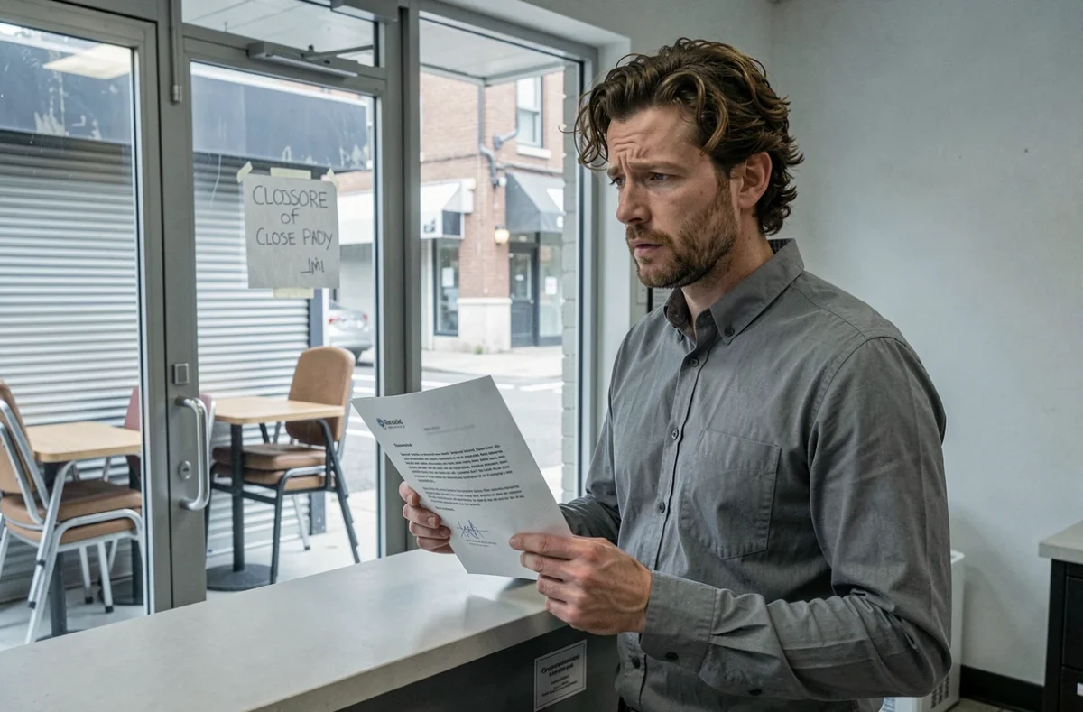 Employé tenant une lettre de baisse de salaire devant un commerce fermé administrativement