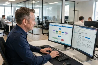 Employé en entreprise consultant un site web de CSE sur son ordinateur de bureau dans un open space moderne