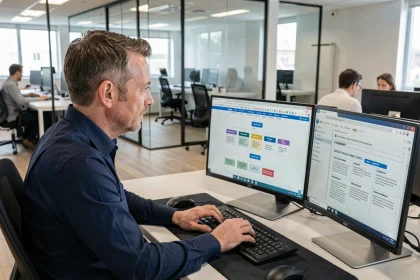 Employé en entreprise consultant un site web de CSE sur son ordinateur de bureau dans un open space moderne