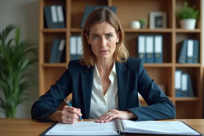Employée lisant attentivement un contrat de travail lié à la convention collective 66 dans un bureau administratif