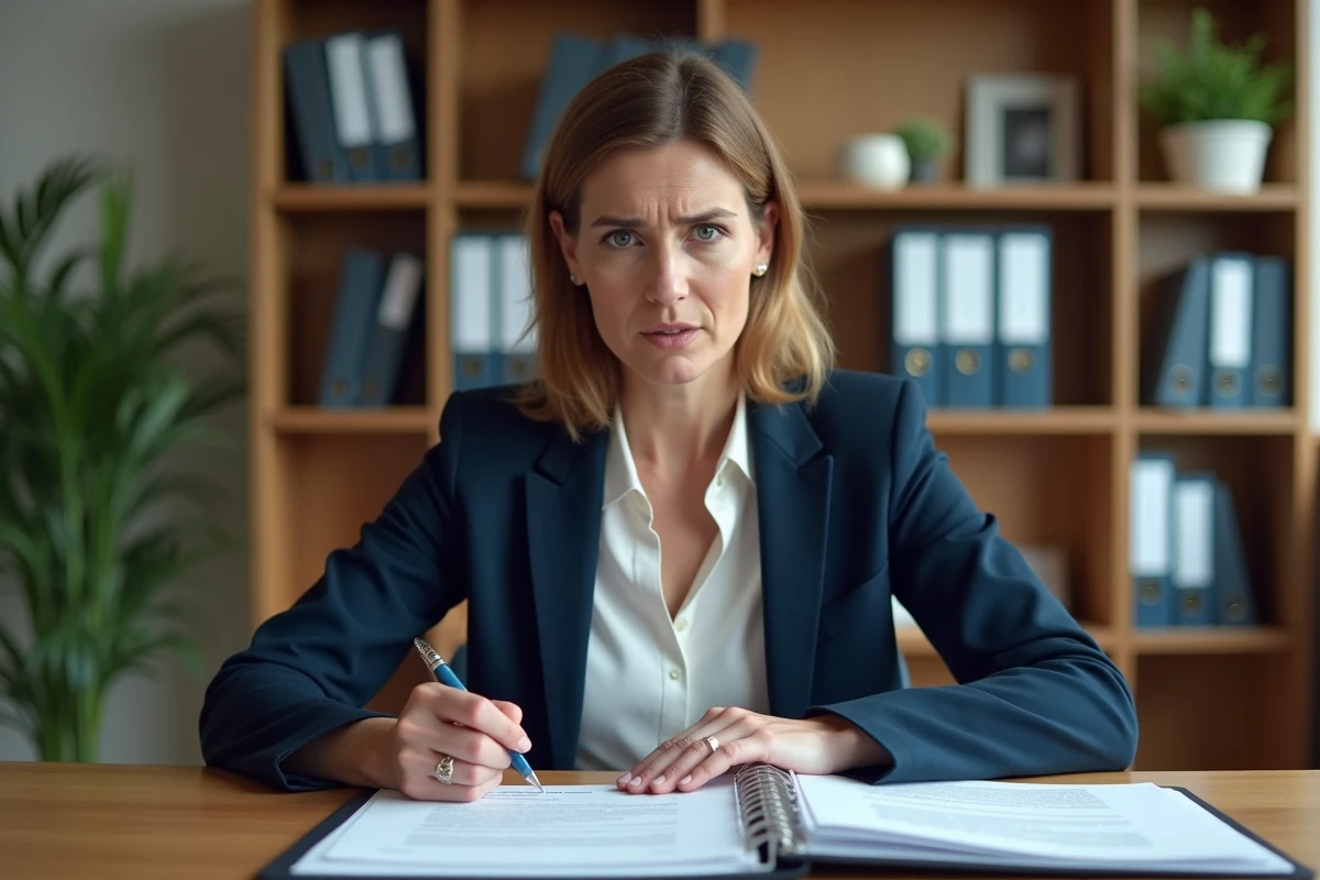 Employée lisant attentivement un contrat de travail lié à la convention collective 66 dans un bureau administratif