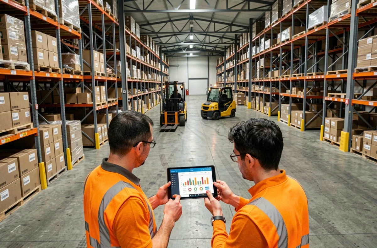 Entrepôt logistique avec allées de rayonnages et opérateurs consultant des données de gestion budgétaire sur tablette