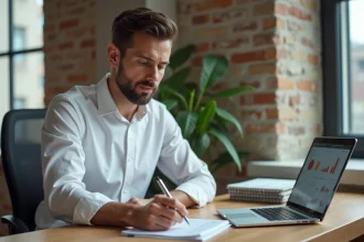Jeune entrepreneur concentré travaillant à son bureau dans un bureau à domicile moderne, prenant des notes sur un carnet entouré d'outils professionnels