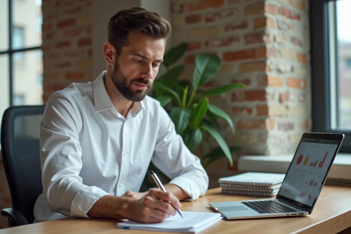 Jeune entrepreneur concentré travaillant à son bureau dans un bureau à domicile moderne, prenant des notes sur un carnet entouré d'outils professionnels