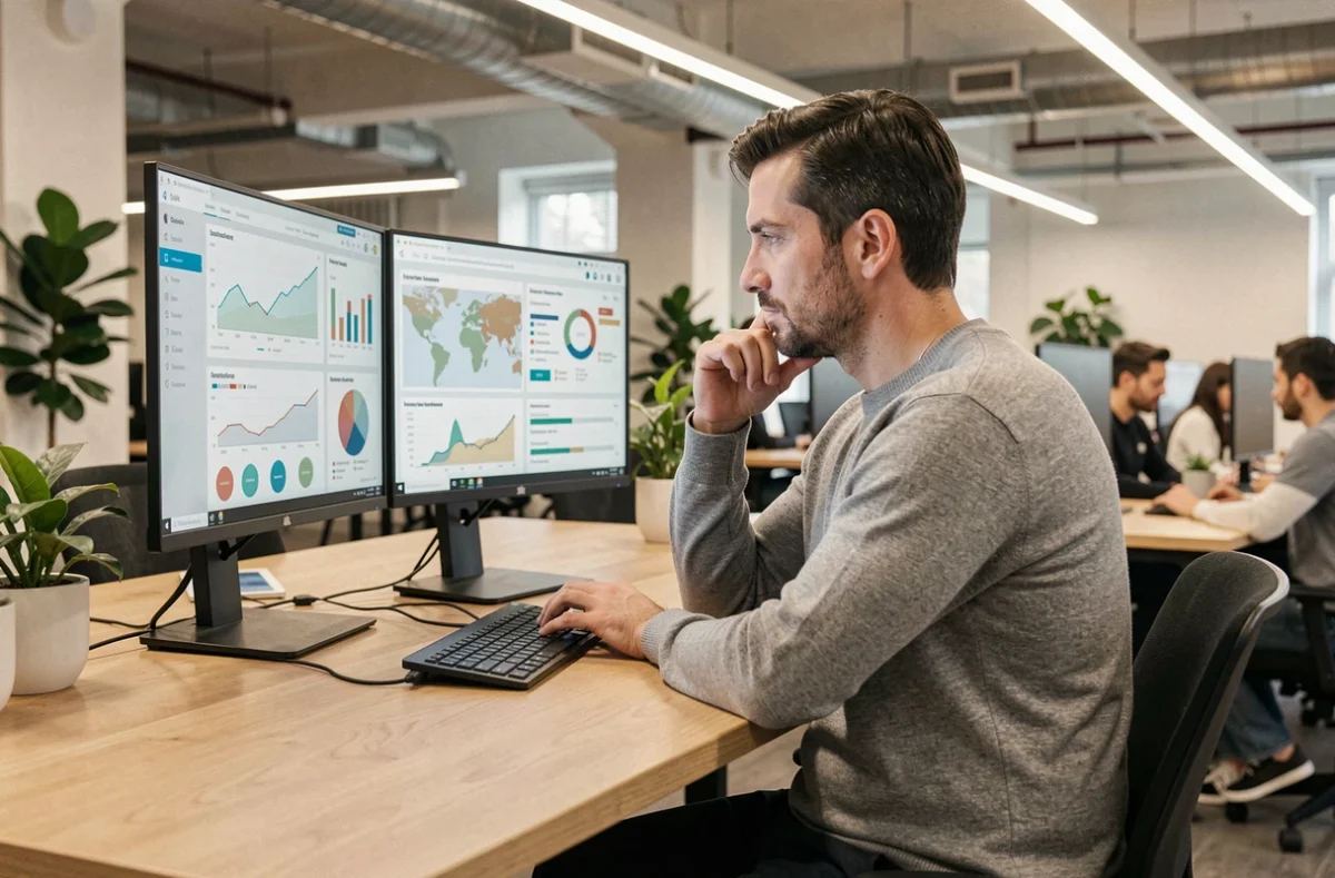 Entrepreneur consultant consultant des données économiques territoriales sur une plateforme numérique en espace de coworking