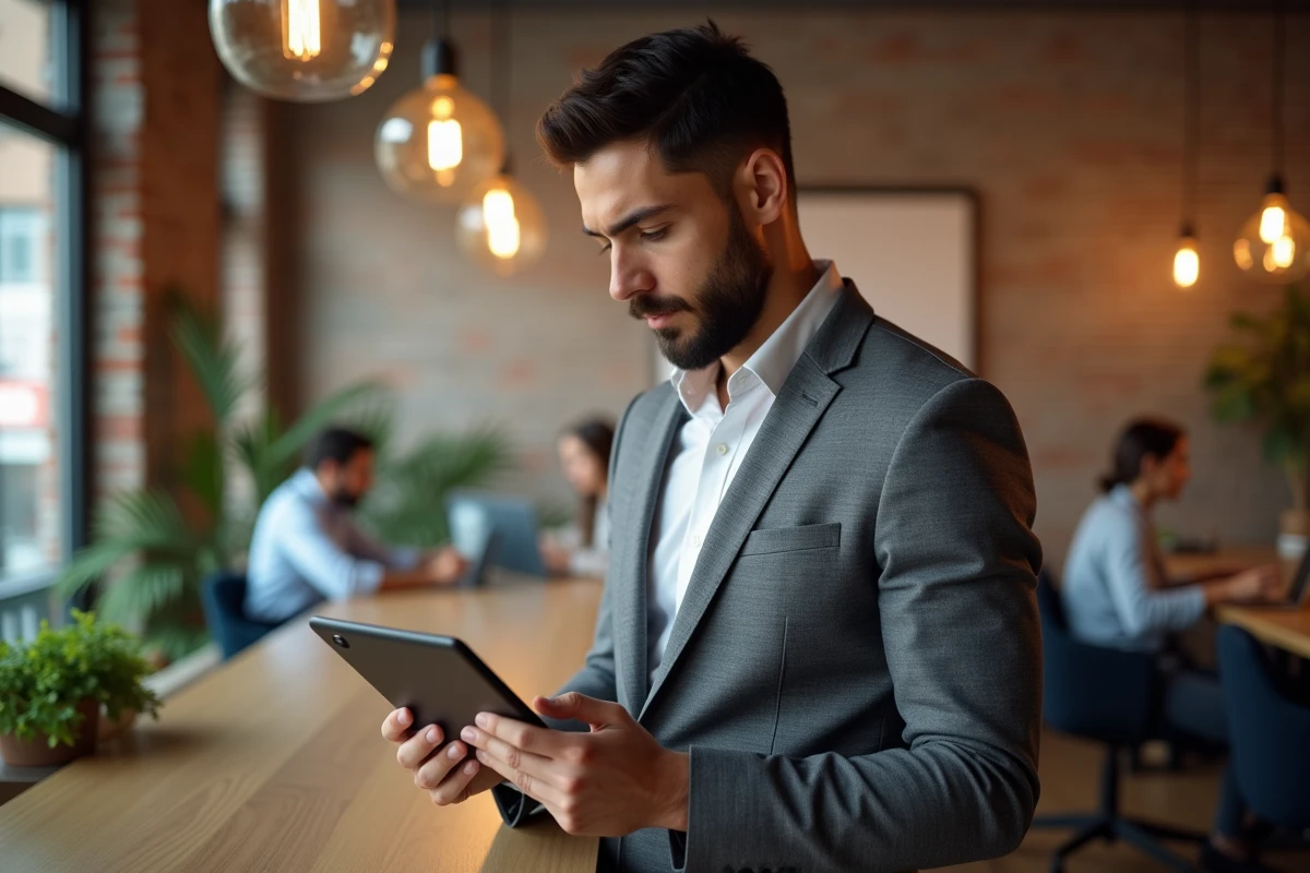 Entrepreneur masculin utilisant une tablette pour effectuer des démarches administratives en ligne dans un espace de coworking