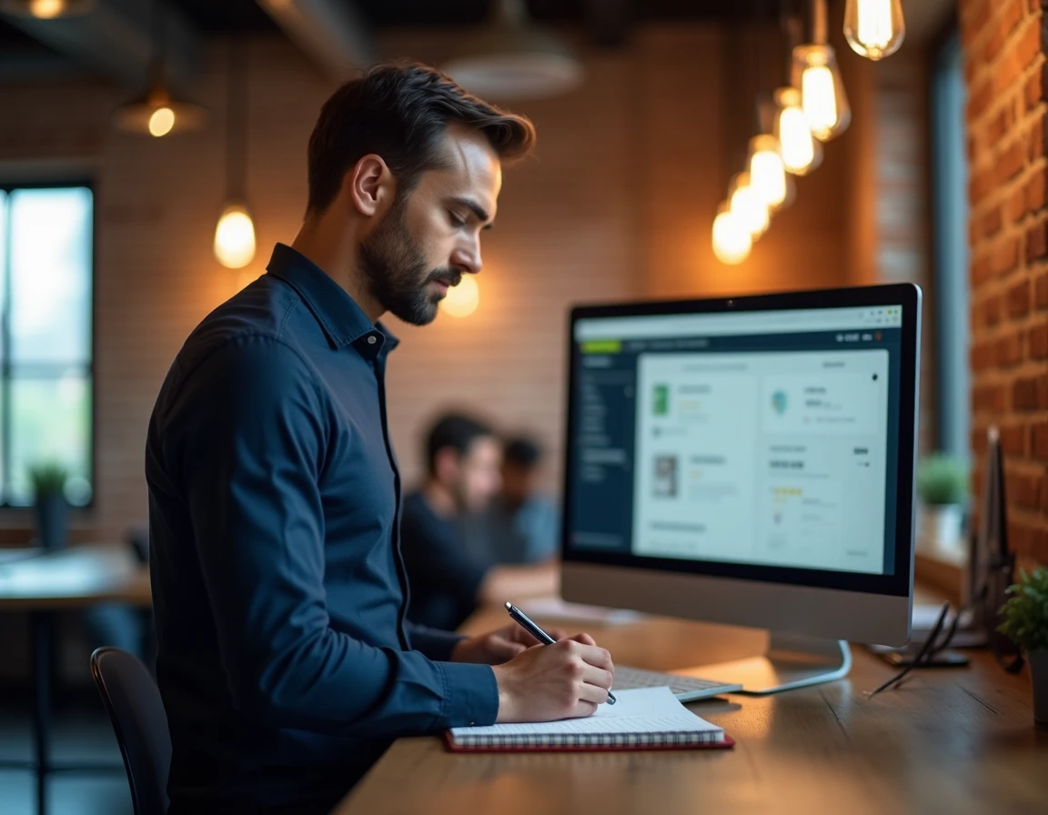 Entrepreneur masculin prenant des notes sur un guide d'activité rentable en ligne dans un espace de co-working moderne