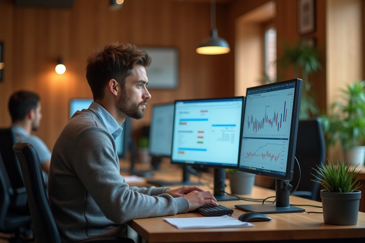 Entrepreneur croisant des données internes avec une plateforme d'indicateurs économiques territoriaux sur double écran en coworking