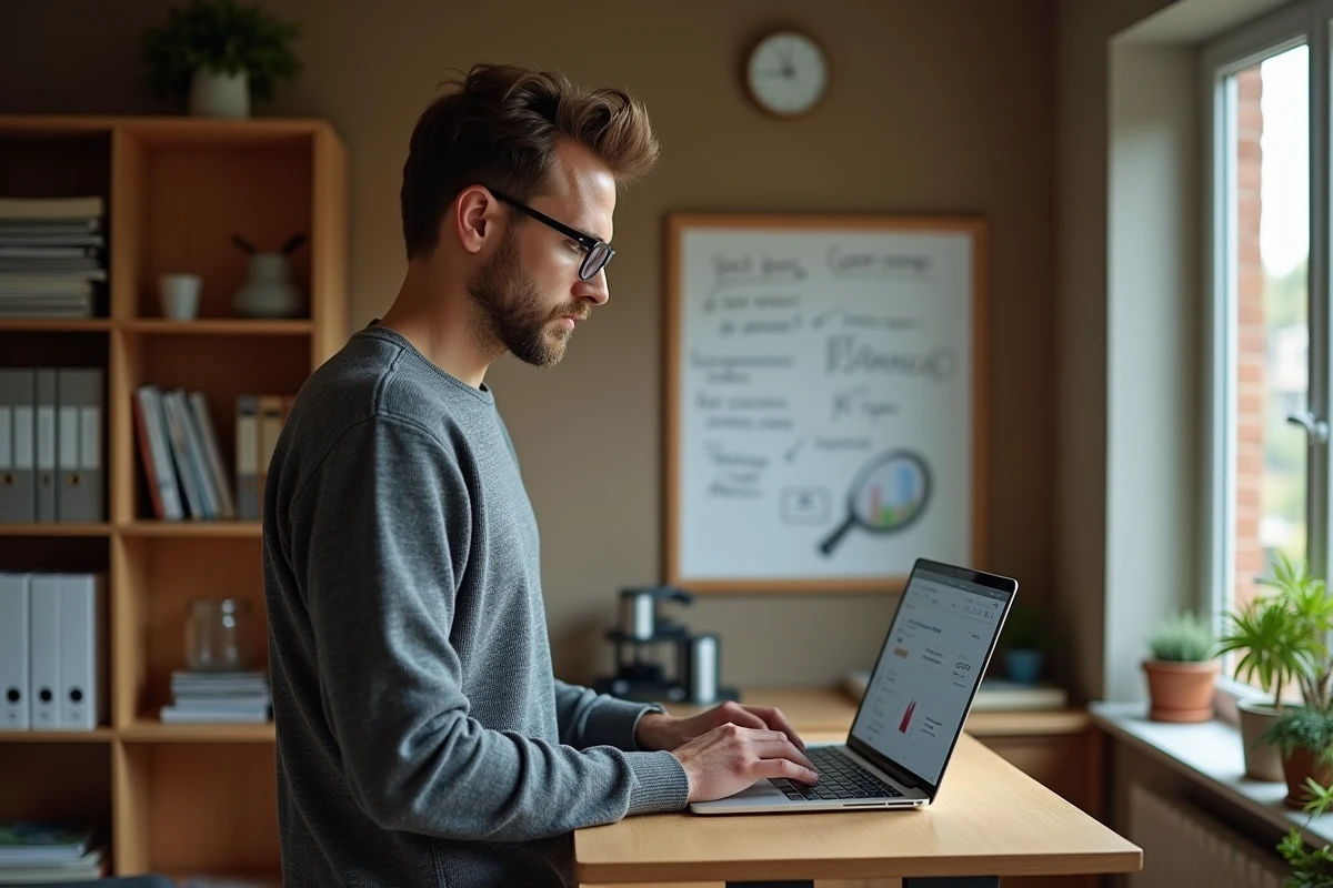 Entrepreneur travaillant depuis son bureau à domicile sur une plateforme SaaS de gestion centralisée avec modules intégrés