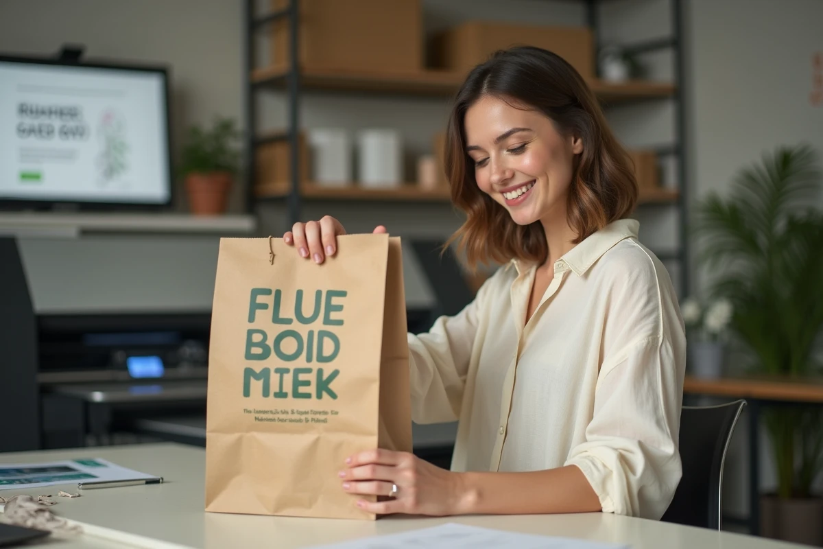 Entrepreneuse inspectant un sac papier kraft personnalisé imprimé en numérique dans un atelier d'impression en petite quantité