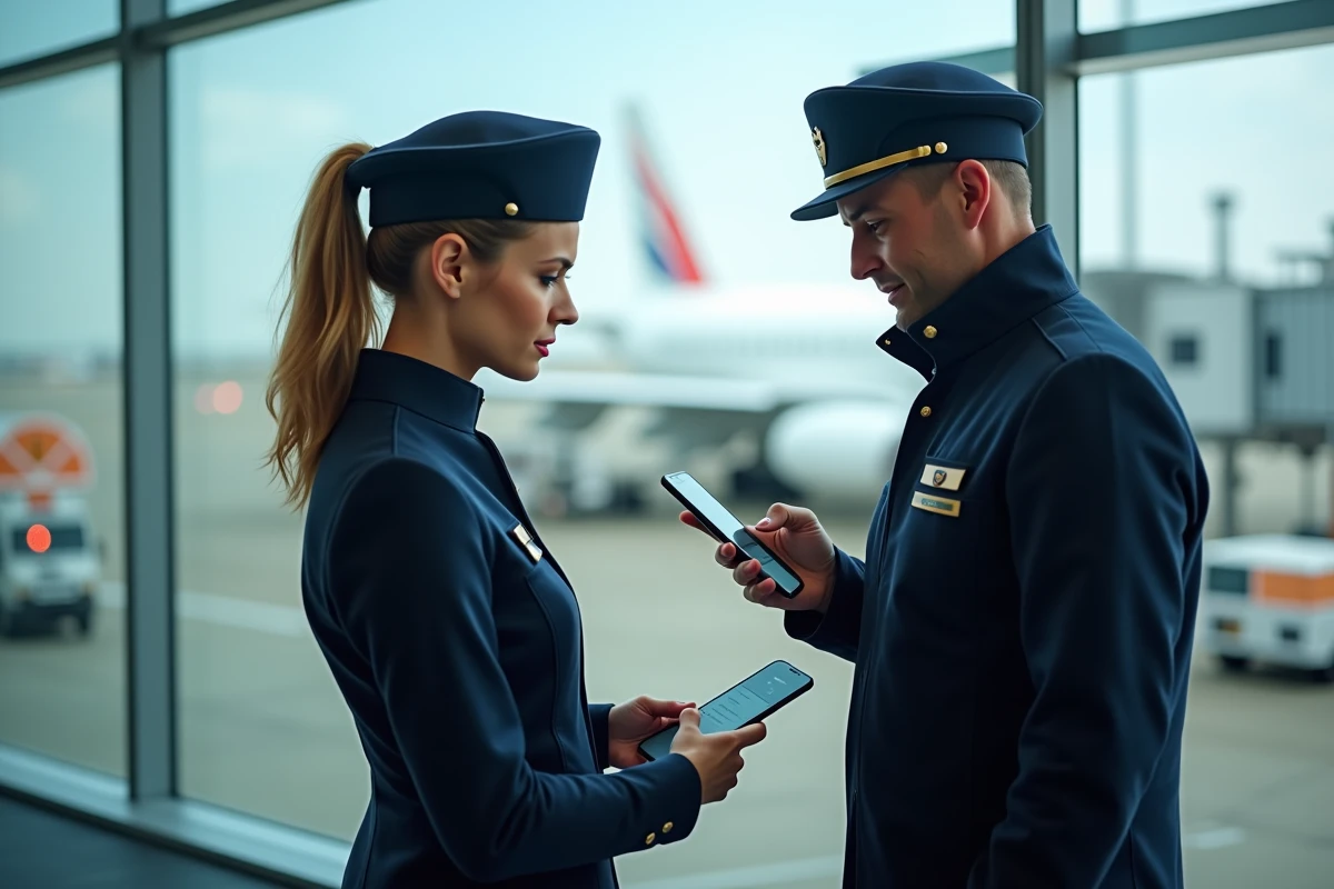 Hôtesse et steward consultant GPNet AF sur smartphone avant l'embarquement