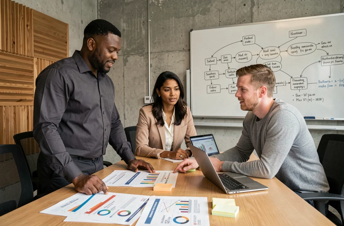 Équipe de professionnels en agence marketing collaborant autour de rapports d'investissements publicitaires et de données de performance