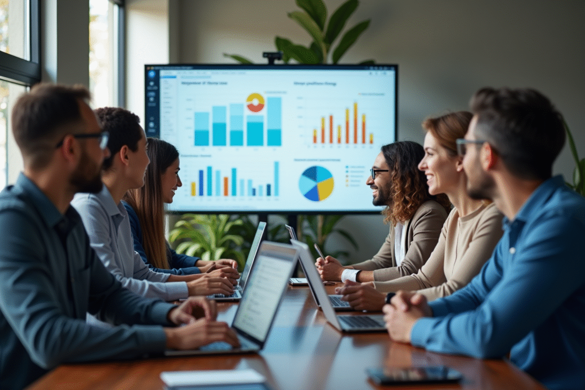 Groupe de professionnels analysant des graphiques marketing colorés