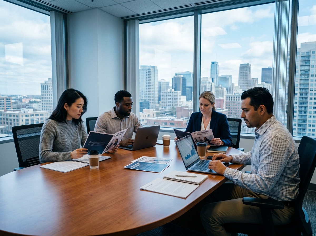 Équipe pluridisciplinaire analysant des supports de marque employeur autour d'une table de réunion avec vue sur la ville