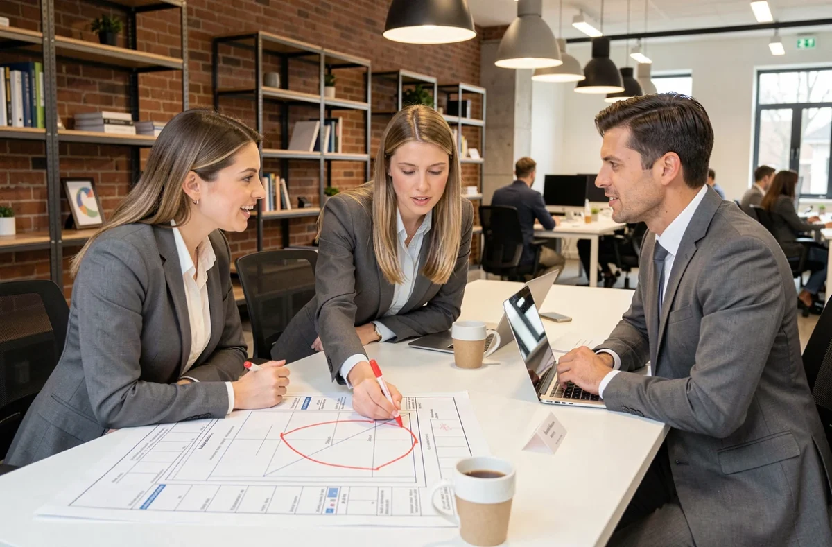 Équipe de trois consultants en réunion de travail autour d'une table avec des matrices imprimées et des ordinateurs portables dans un espace de coworking moderne