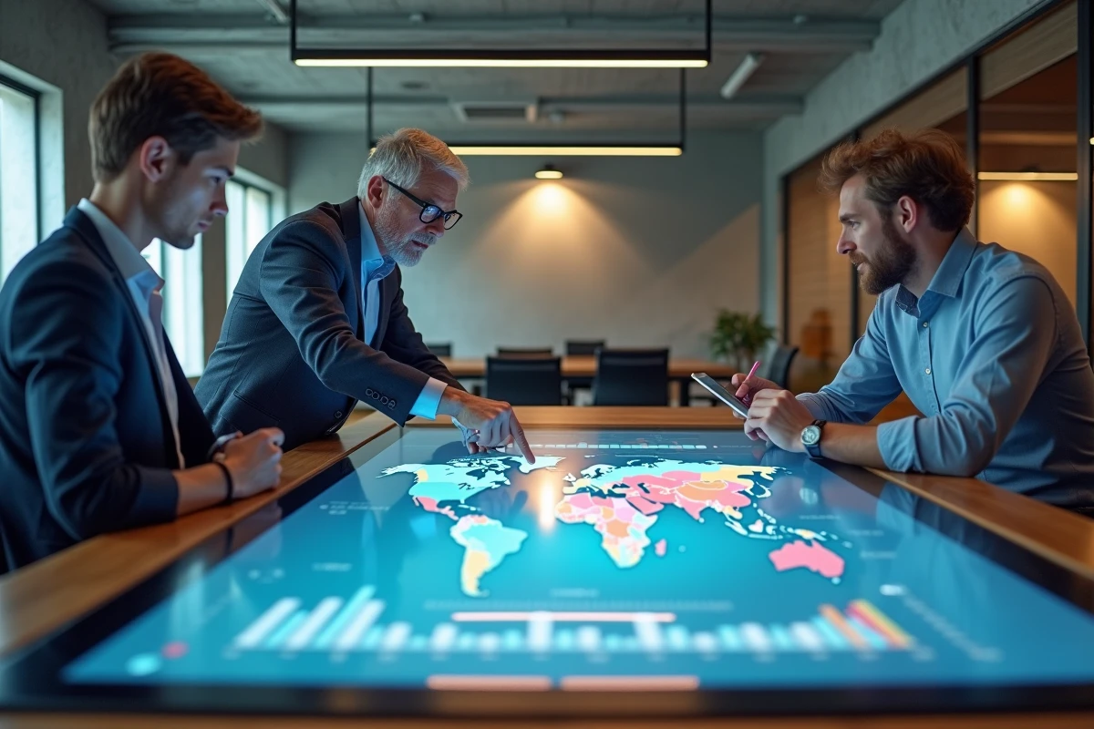 Équipe de professionnels analysant des cartes économiques territoriales sur un écran interactif en salle de réunion