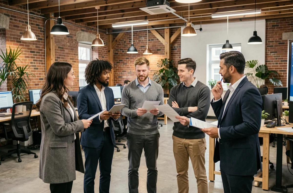 Équipe mixte debout en cercle dans un espace de coworking discutant de sujets professionnels avec diversité d'expression